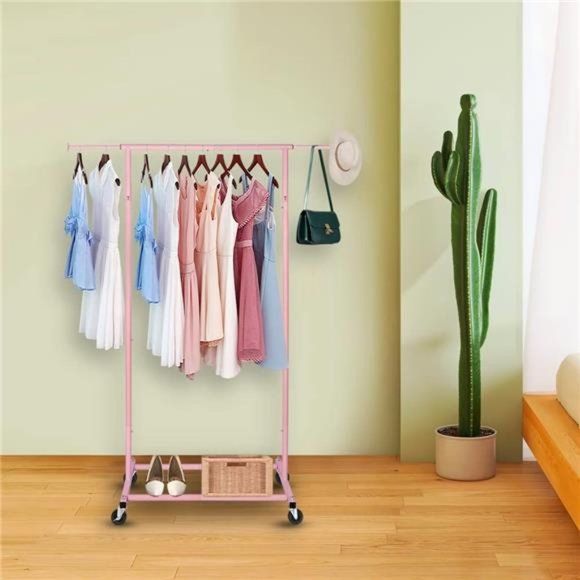 Standard Rod Simple Rolling Clothing Garment Rack, Metal Clothes Organizer, Pink - Picture 4 of 6